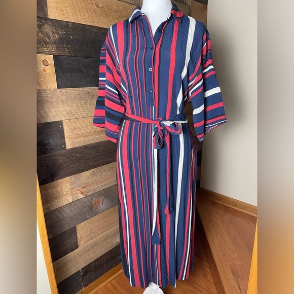Zara Red White Blue Striped Mid Button-Up Midi Dress, Size Large - Picture 1 of 8
